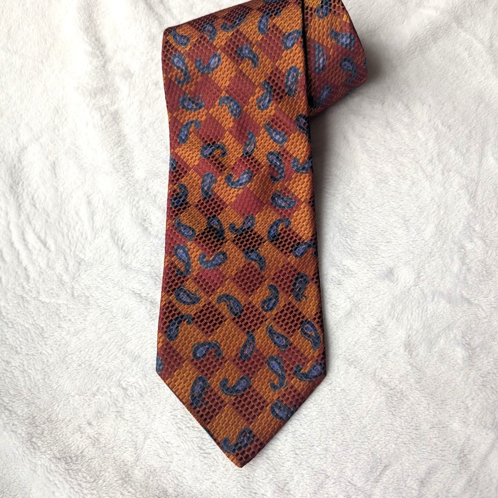 Vtg Ermenegildo Zegna Silk Necktie Orange Blue Paisley Checkered Designer Tie